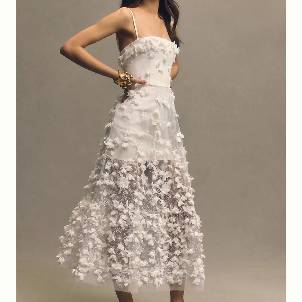 Square Neck Appliqué Sheer MIDI Dress